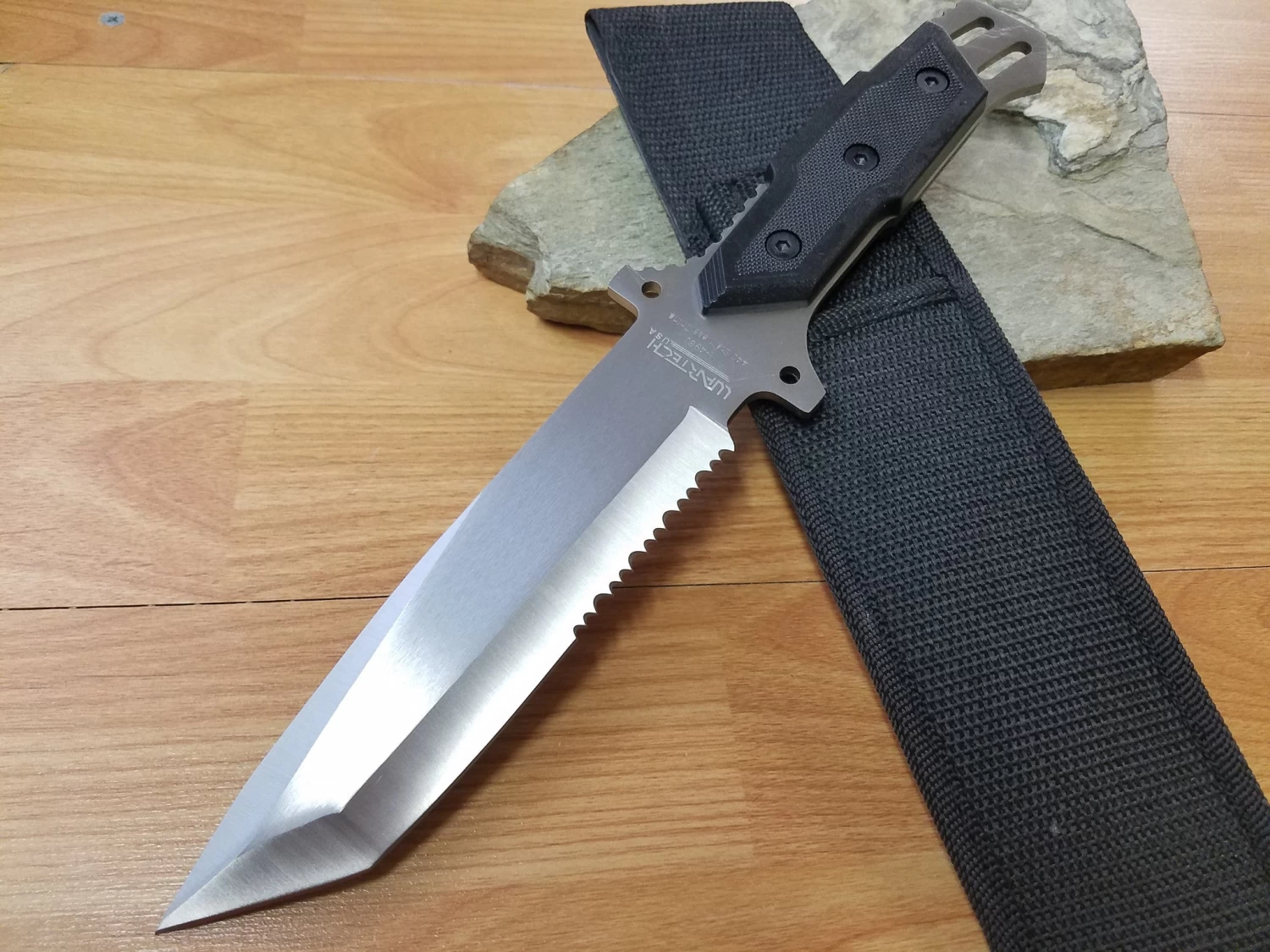 12" Full Tang Tanto Hunting Bowie Knife Satin Plain Half Serrated Blade W/ Sheath - 4960ch