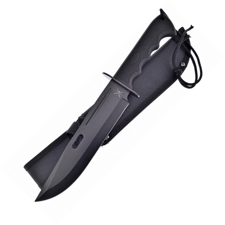 Frost Cutlery 13" Protector Bowie Black Finger Grooved Bowie + Sheath 002