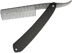 Bastion EDC Straight Damascus Steel Razor Comb W/ Black Carbon Fiber Handle TN07
